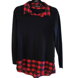 Adriana Papell Faux Layered Long Sleeve Buffalo Print Black Sweater Womens S